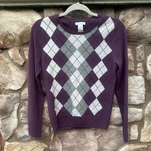 Tweeds Cashmere Sweater Argyle Purple Long Sleeve 100% 2 Ply Size Small
